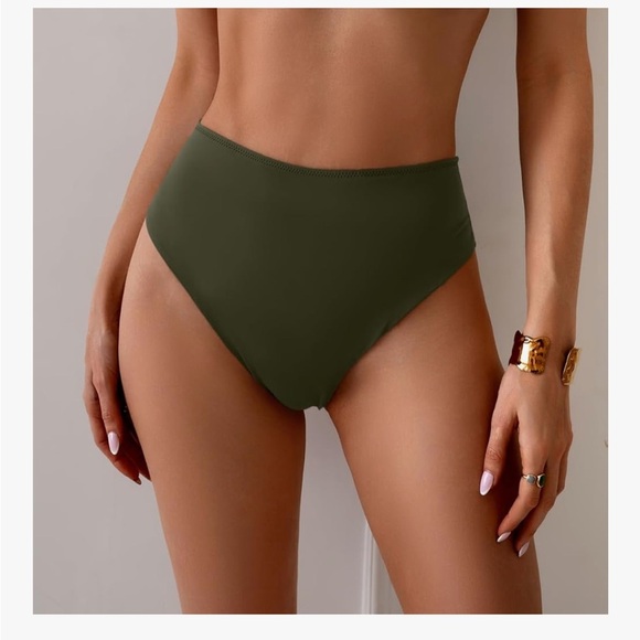 NWT Olive Green High-Waisted ruched cheeky Bikini Bottom - Picture 2 of 10